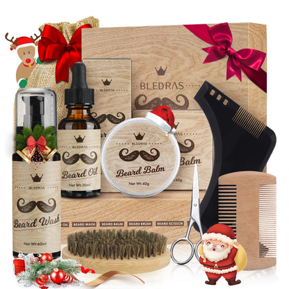 Kit Barbe Homme 🎄  Bledras 9 Pièces 🧔‍♂️Kit Complet Soin Barbe : Huile, Shampoing, Baume, Peigne, Ciseaux, Pochoir, Brosse & Sac 🎁