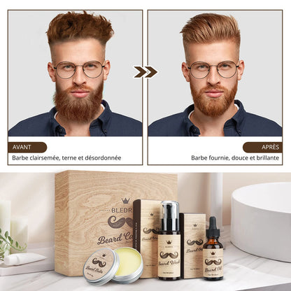 Kit Barbe Homme 🎄  Bledras 9 Pièces 🧔‍♂️Kit Complet Soin Barbe : Huile, Shampoing, Baume, Peigne, Ciseaux, Pochoir, Brosse & Sac 🎁