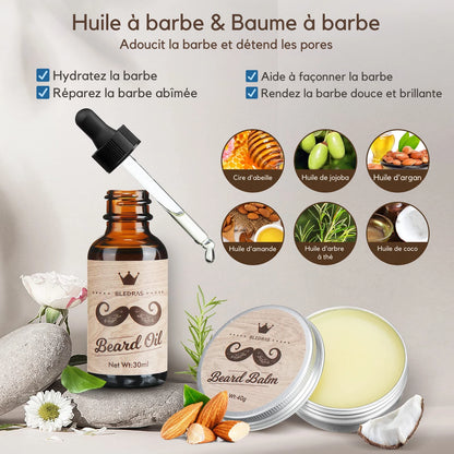 Kit Barbe Homme 🎄  Bledras 9 Pièces 🧔‍♂️Kit Complet Soin Barbe : Huile, Shampoing, Baume, Peigne, Ciseaux, Pochoir, Brosse & Sac 🎁