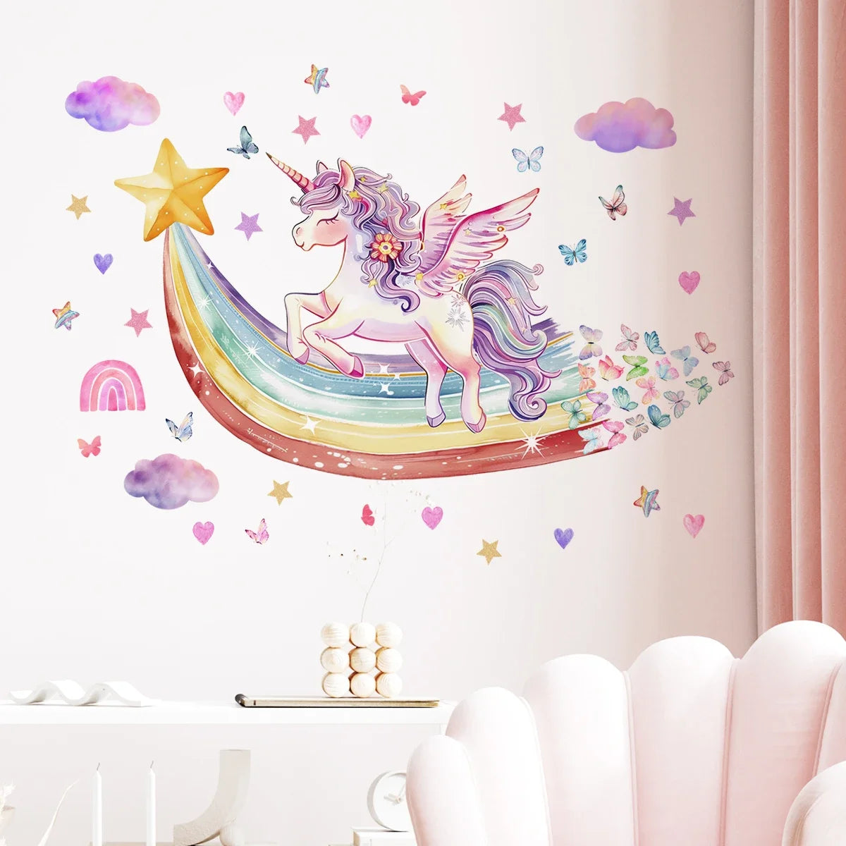 🦄 Ensemble de 2 Stickers Muraux Licorne, Arc-en-Ciel et Papillons 🦄