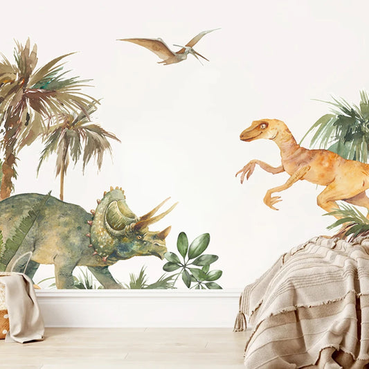 🦖🎨 Autocollant Mural Triceratops Dinosaure Parc - Style Aquarelle | Décoration pour Chambre d'Enfant, Salle de Jeux, Thème Dessin Animé🌈👦