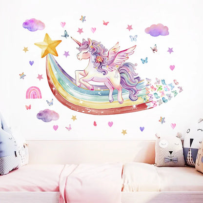 🦄 Ensemble de 2 Stickers Muraux Licorne, Arc-en-Ciel et Papillons 🦄