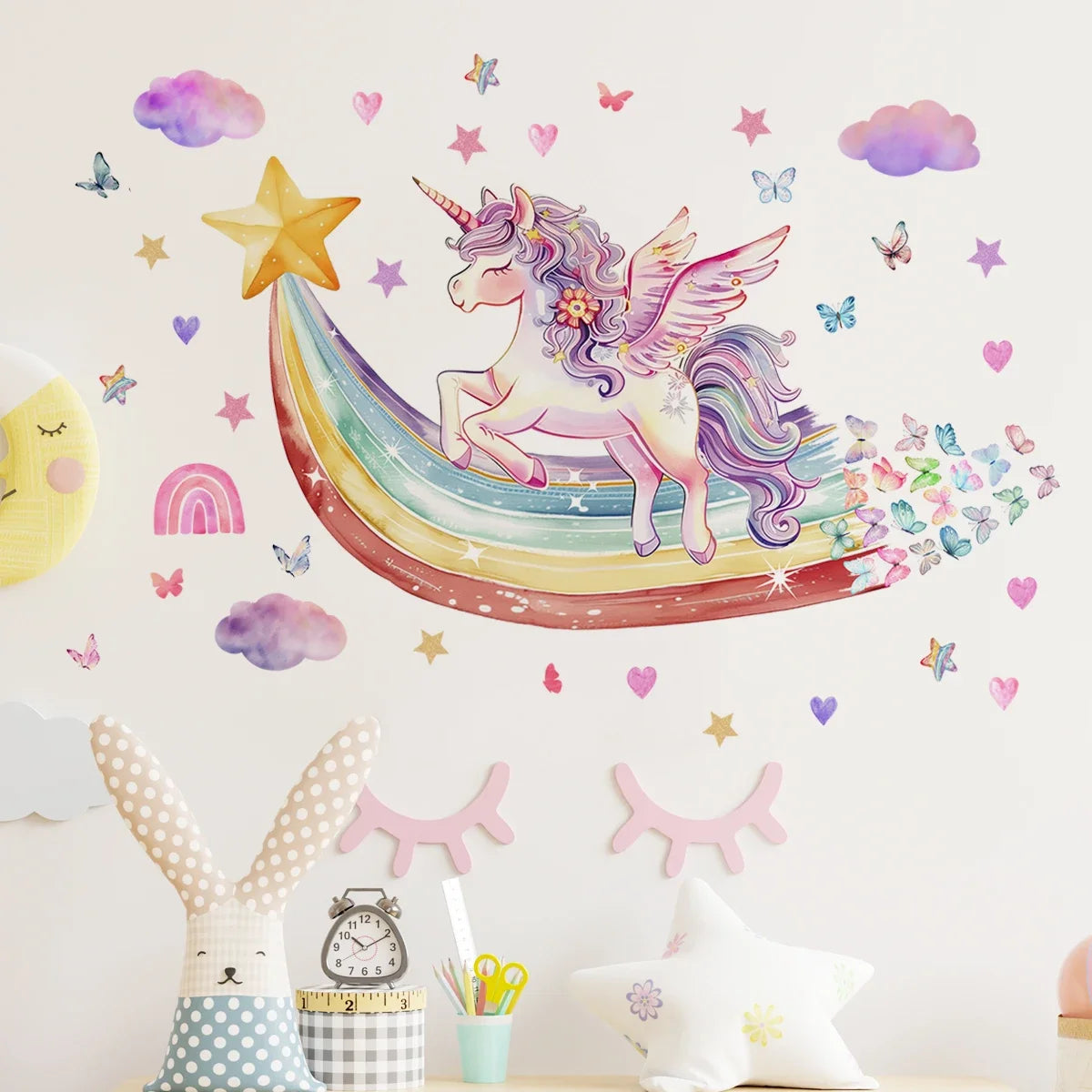 🦄 Ensemble de 2 Stickers Muraux Licorne, Arc-en-Ciel et Papillons 🦄