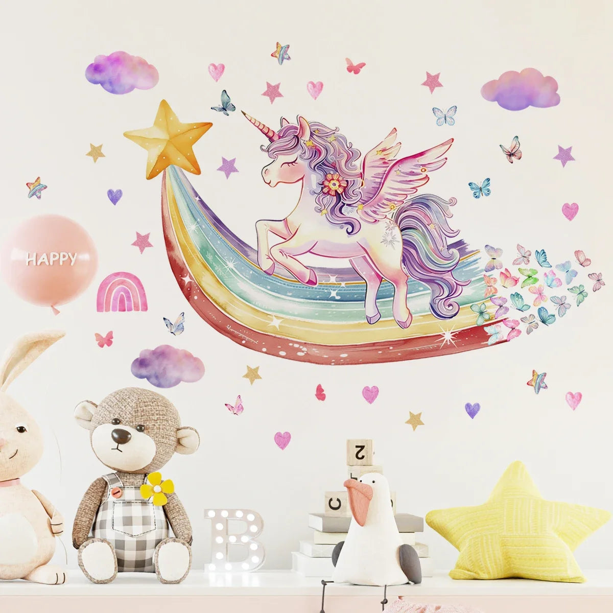 🦄 Ensemble de 2 Stickers Muraux Licorne, Arc-en-Ciel et Papillons 🦄